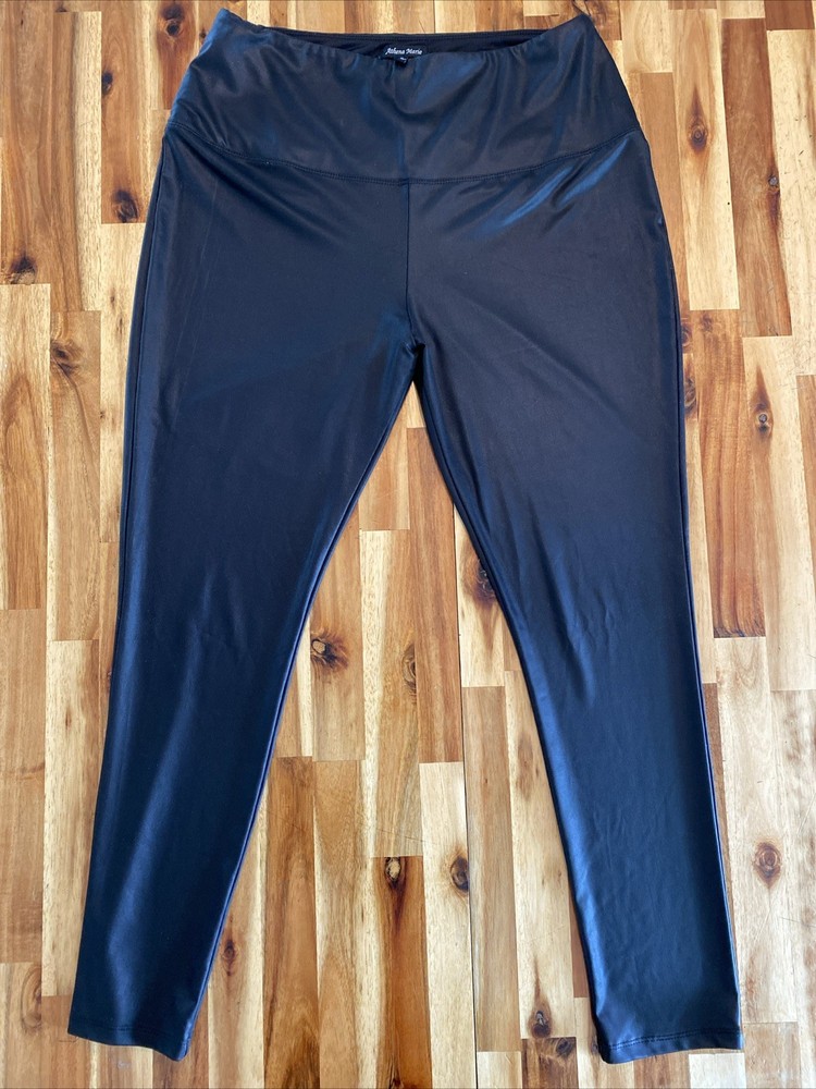 Athena Marie Women's Slimming Tummy Control Leggings Black Large Pleather XL