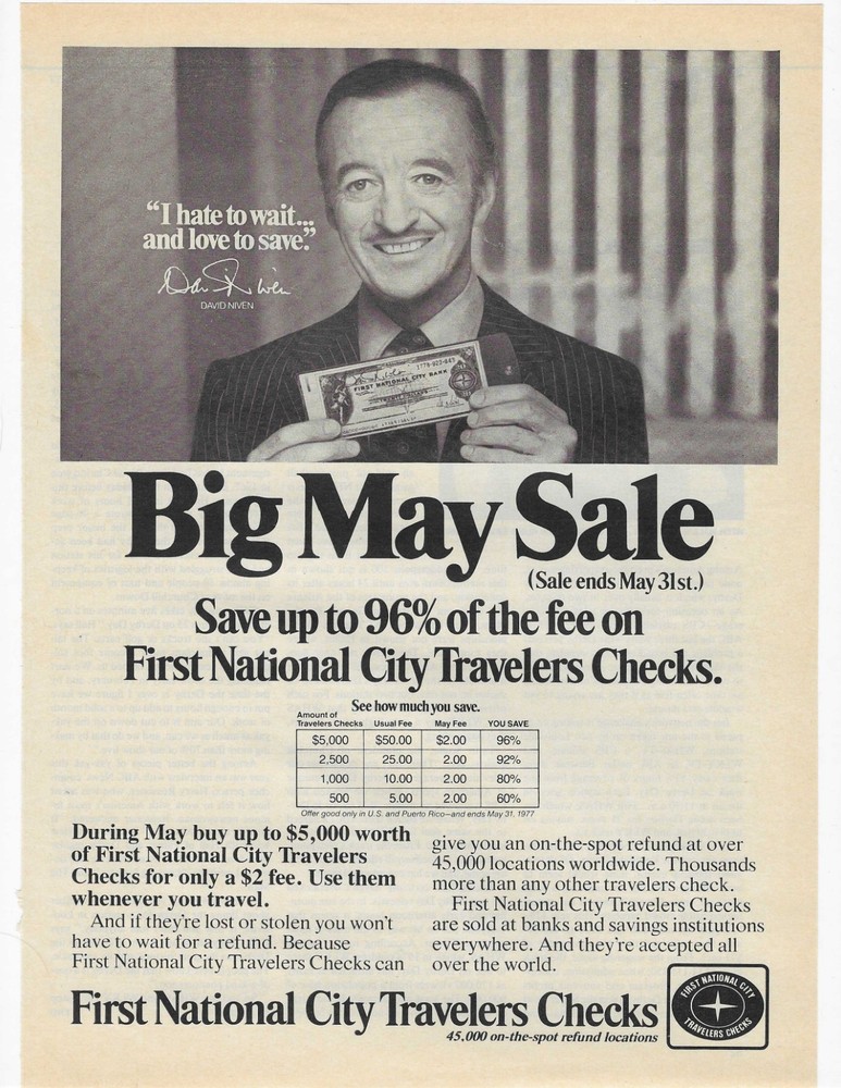 David Niven  First National City Travelers Checks   Original Print Ad