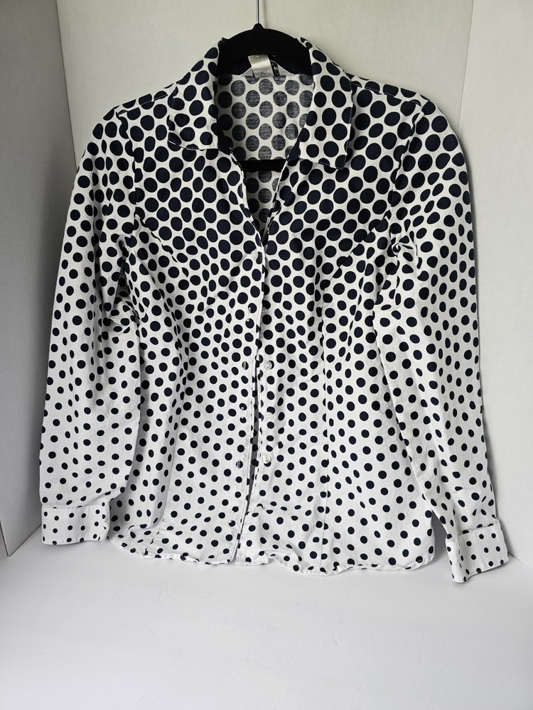 Christopher Banks Womens Petite Small White Navy Blue Polka Dot Button Up Blouse