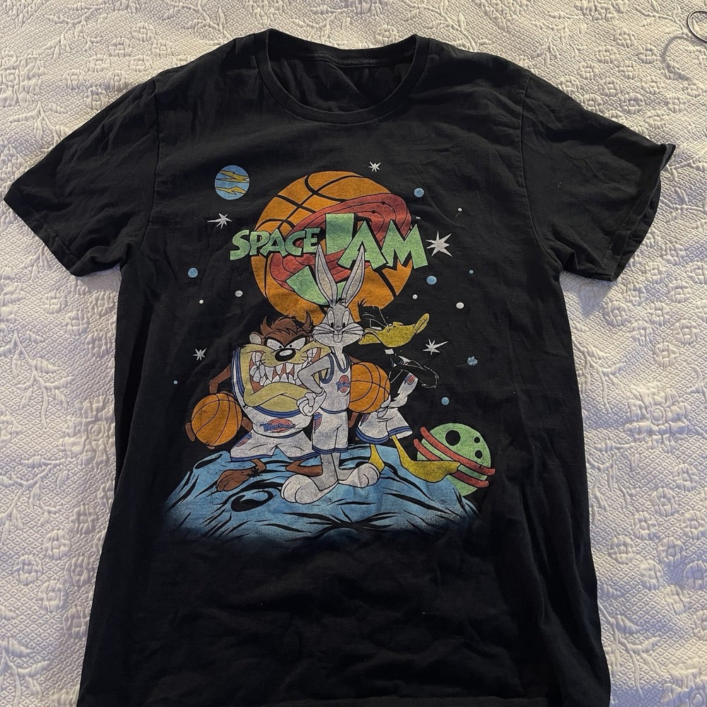 SPACE JAM Cotton Men's M Crew Black T-Shirt Bugs Taz Daffy Basketball
