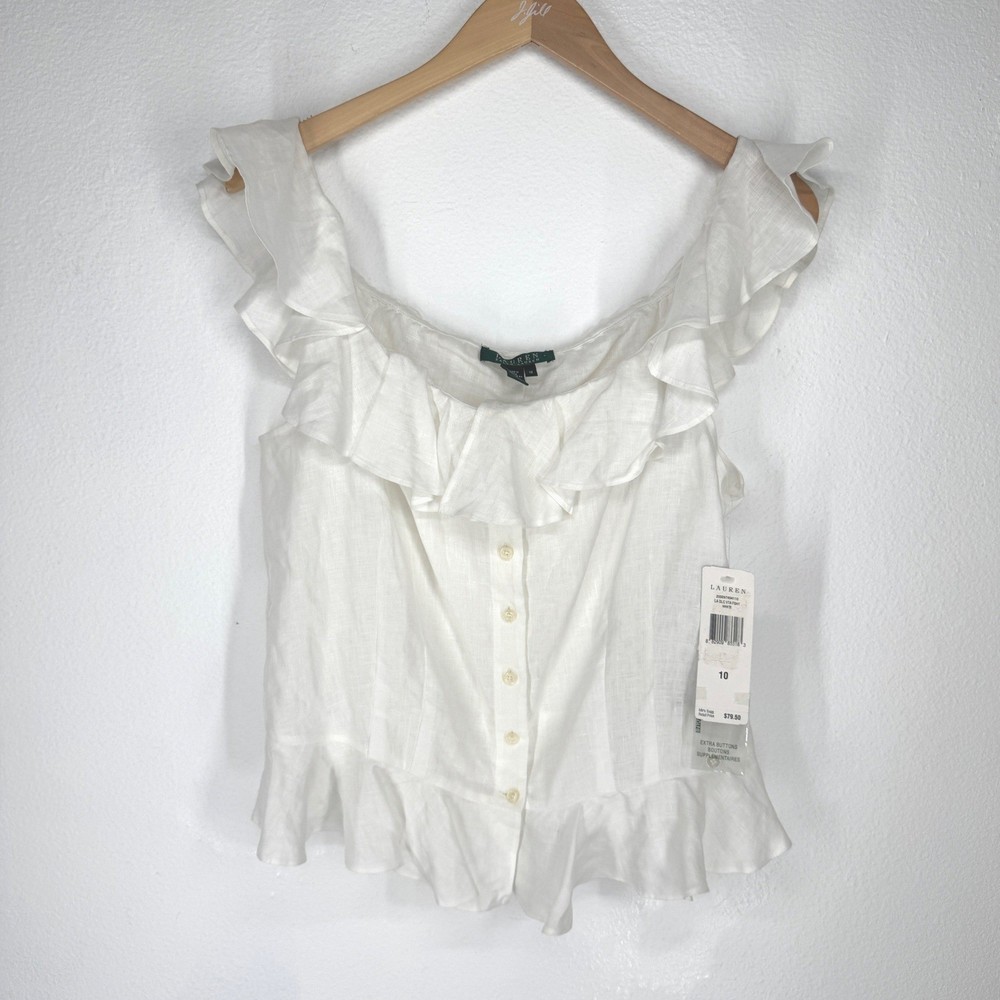 Ralph Lauren Linen Ruffle Button Top 10 NEW Regency Coquette Feminine Old Money