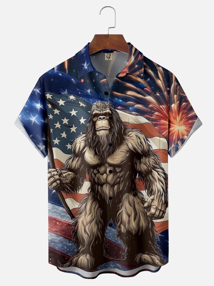 Bigfoot American Flag Independence Day Chest Pocket Casual Shirt