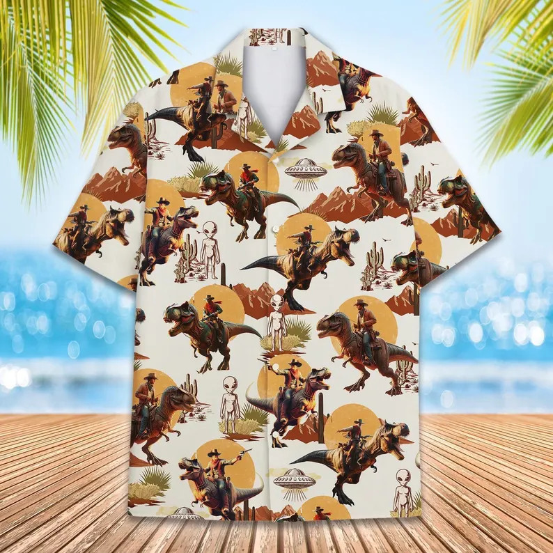 Western Cowboy Dinosaur Hawaiian Shirt Men's Aloha Beach Summer