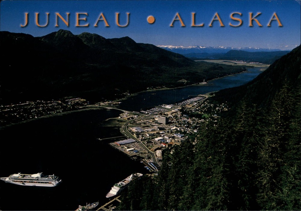Juneau Alaska aerial view cruise ships mountains snow capped vintage postcard