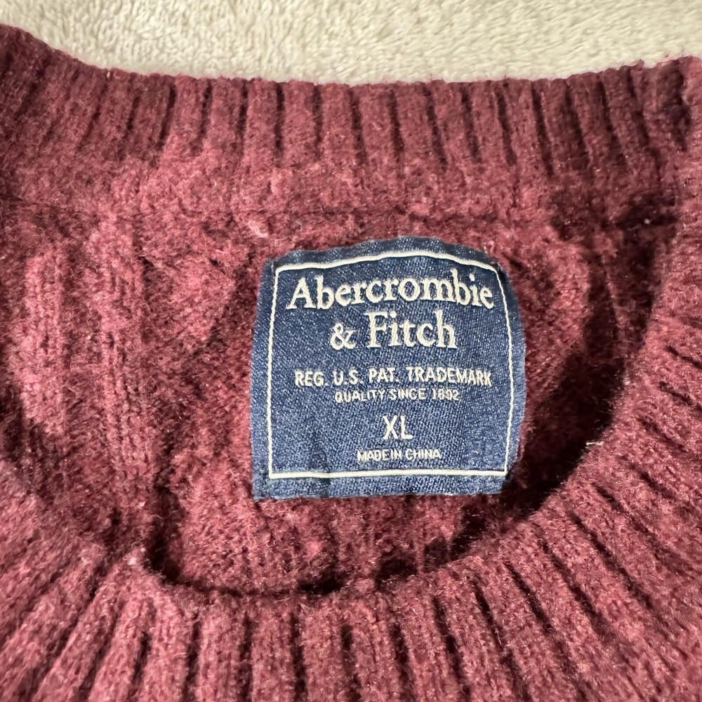 Vtg Abercrombie Mens XL Sweater Wool Blend Maroon Red Cable Knit Crewneck