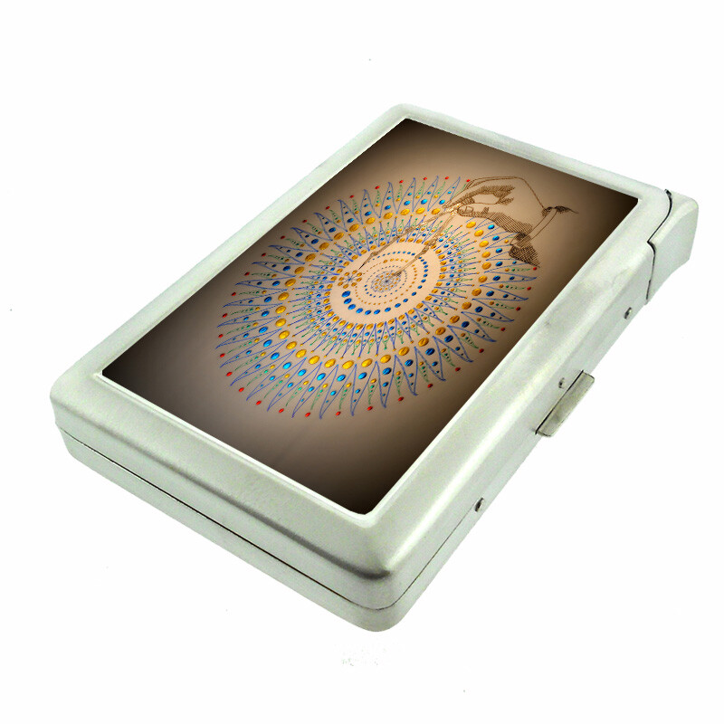 Mandala Em2 100's Size Cigarette Case with Built in Lighter Metal Wallet