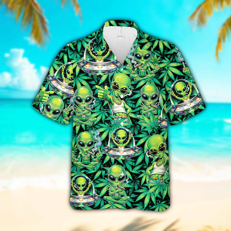 Alien Weed Hawaiian Shirt Funny UFO Mens Womens Beach