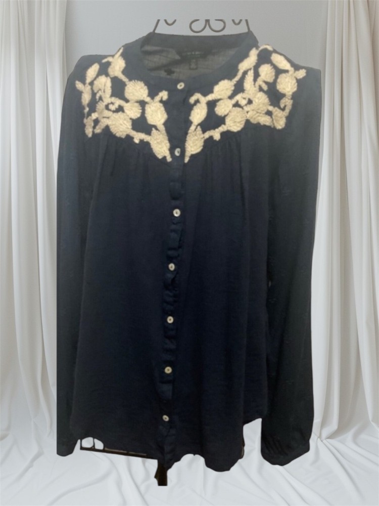LUCKY BRAND Embroidered-Yoke Women Navy Blue Long Sleeve Button Down Blouse S-L