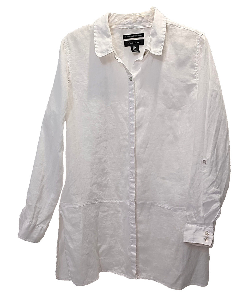 Tahari 100% Linen Tunic Top Women's M Button Up Roll Tab Sleeve White Beachy