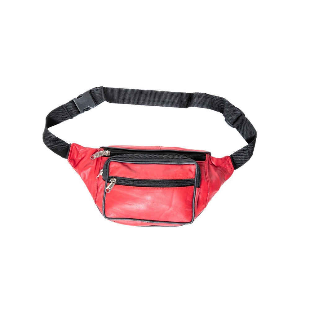 Red Leather Fanny Pack with Multiple Zipper Pockets for Travel & Everyday Use