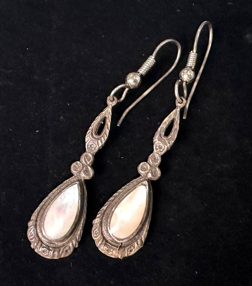 Vintage Mother Of Pearl Dangle Earrings MARKED 925 Sterling Silver Jewelry Lot I