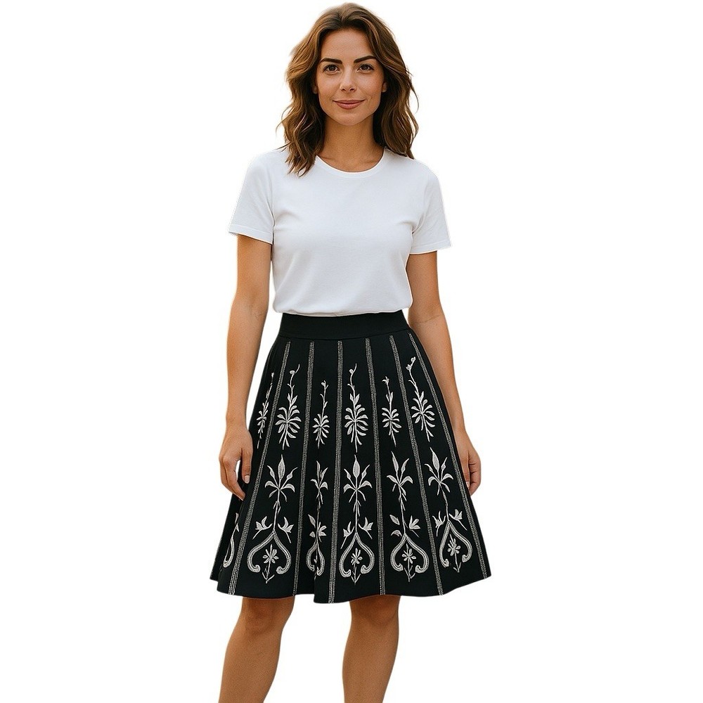 Dialogue Women’s Skirt Size 16P Black Boho Embroidered A-Line Midi Skirt