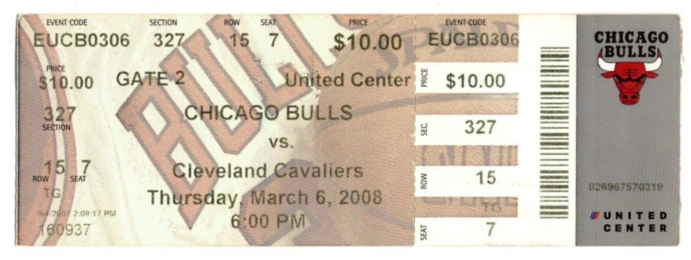 2008 CHICAGO BULLS vs CLEVELAND CAVALIERS ticket LeBRON JAMES 39 points 3/6/08