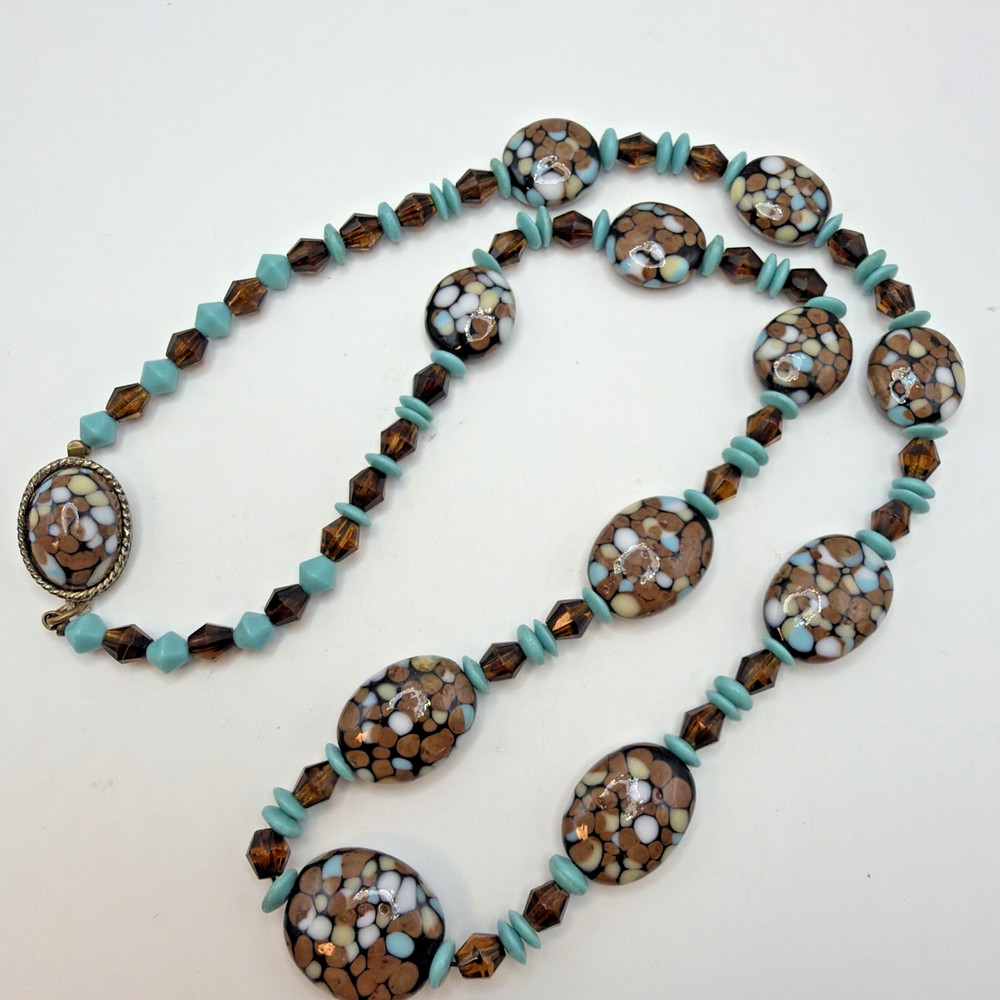 Vintage Venetian Style Glass Beaded Necklace Signed Japan Brown Sky Blue