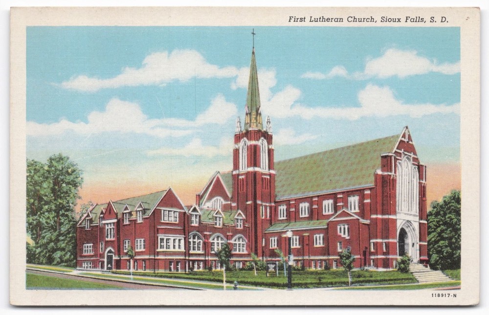 Vintage First Lutheran Church Sioux Falls SD Curteich Linen Postcard