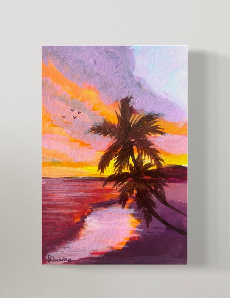 Original Signed 4X6 Abstract Expressionism Handpainted Palm Sunset-image