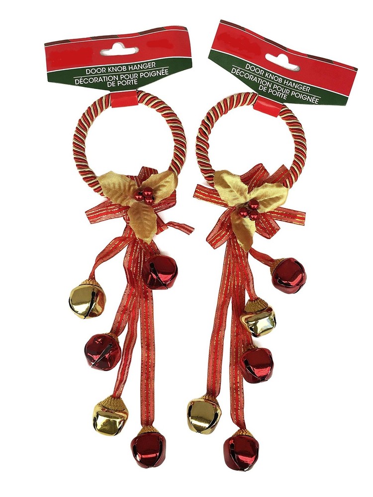 Jingle Bells Christmas  Door Knob Hanger Decoration - Set of 2 (Red & Gold)