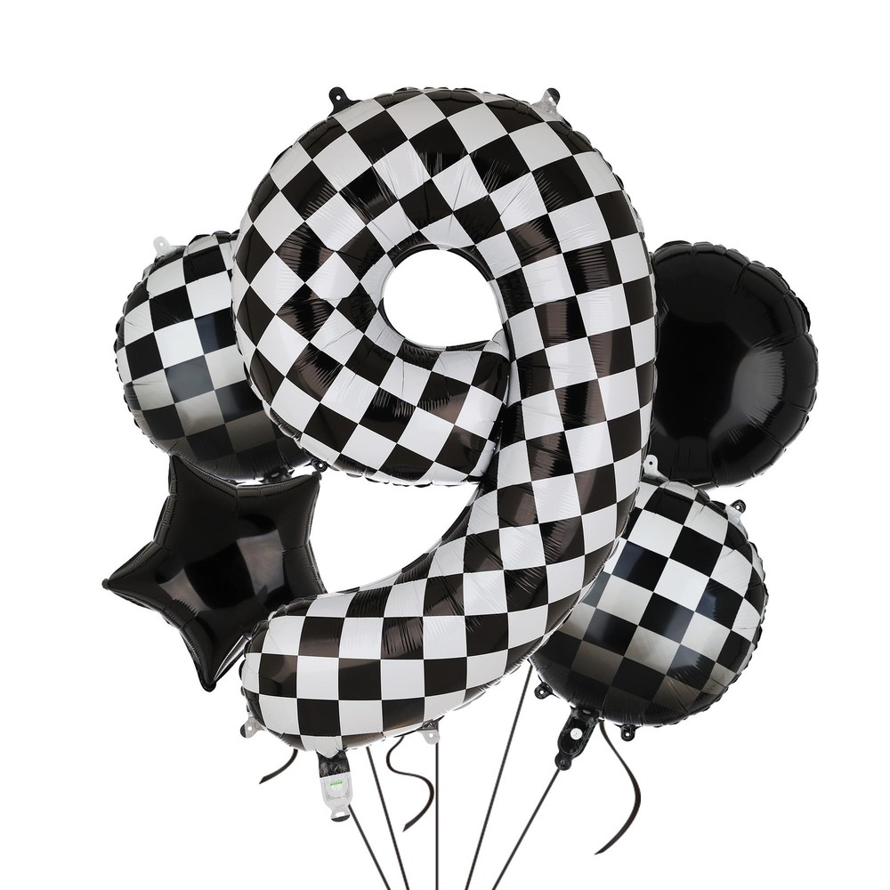 40 Inch Checkered Number Balloon 9 Black and White Race Car Birthday Balloons...