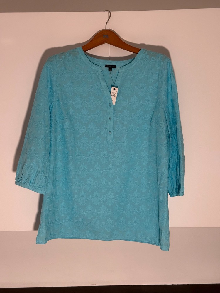 Talbots XL Aqua Blue Pineapple Embroidered Cotton Tunic Top 3/4 Sleeve NWT