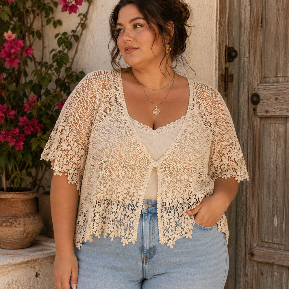 Crochet Cardigan Sz 1X Boho Chic Open Knit Floral Lace Romantic Cottage Beachy