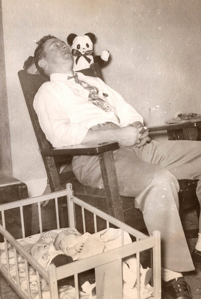 Vintage Photo Picture Portrait Tired Sleeping Man Father Daddy In Baby Nursery