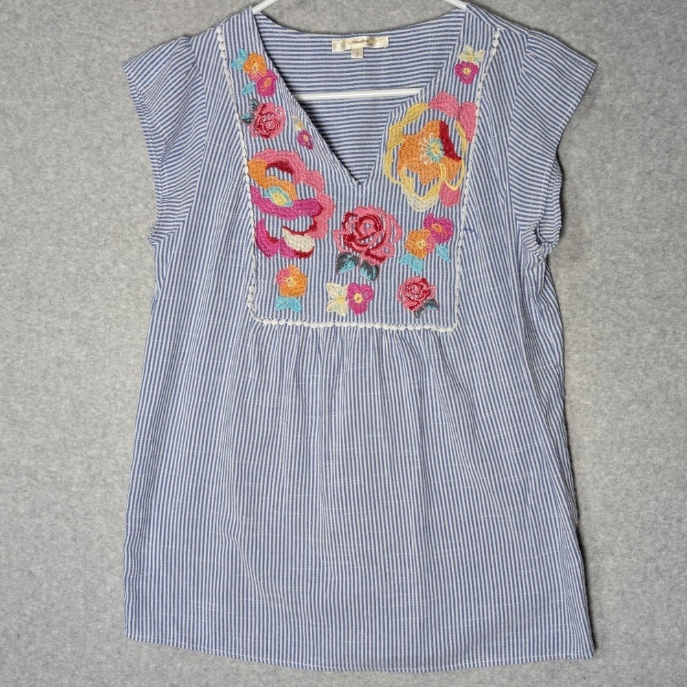 Andree by Unit Womens Top Blue White Striped Floral Embroidered V-Neck Small