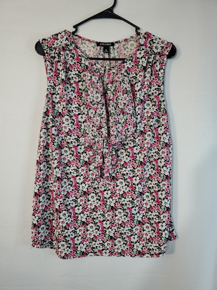 Roz & Ali Floral Blouse Women's Size Medium Ruffle Neckline Sleeveless Floral
