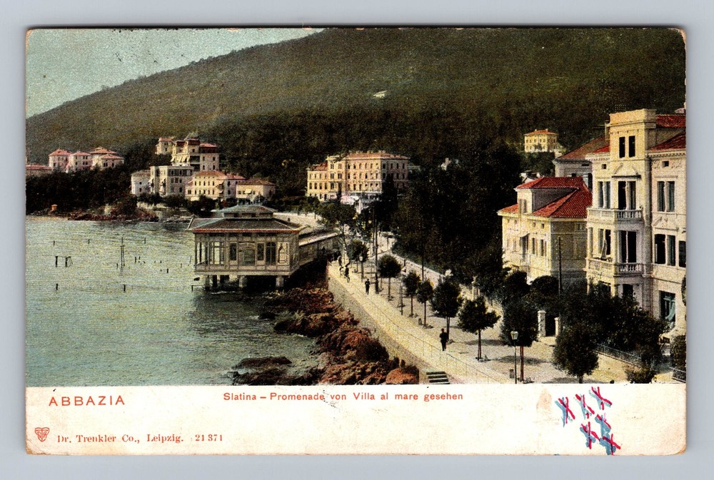 Croatia- Abbazia Kvarner Gulf Sea Promenade Villas Postal Old Vintage Postcard