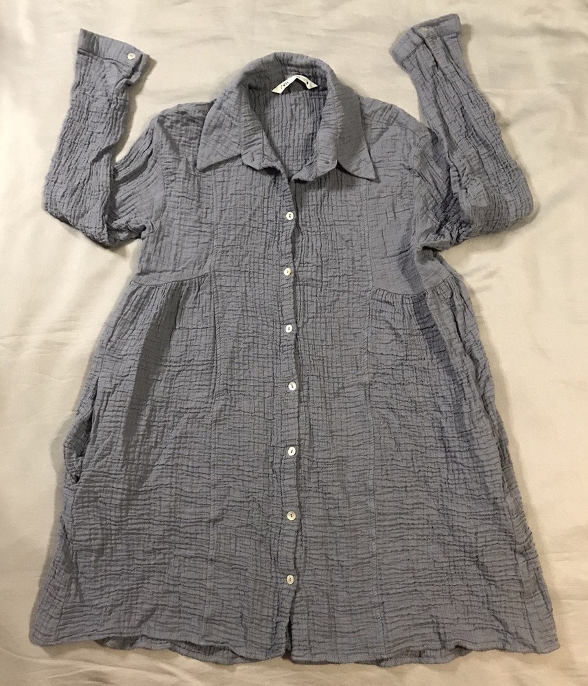 Zara Dress Womens Medium Gray Blue Collared Long Sleeve Seersucker