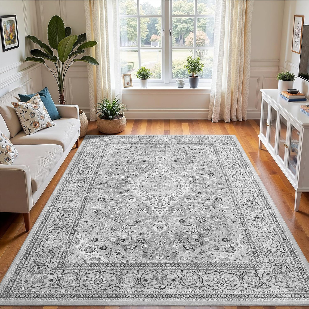 4X6 Grey Washable Boho Area Rug for Bedroom, Vintage Floral Non Slip Living Room