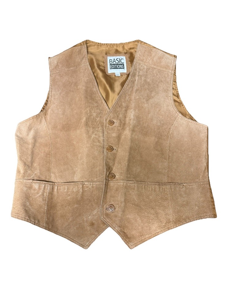 Vintage Basic Editions Tan Leather Suede western Retro Sleeveless Vest Men L
