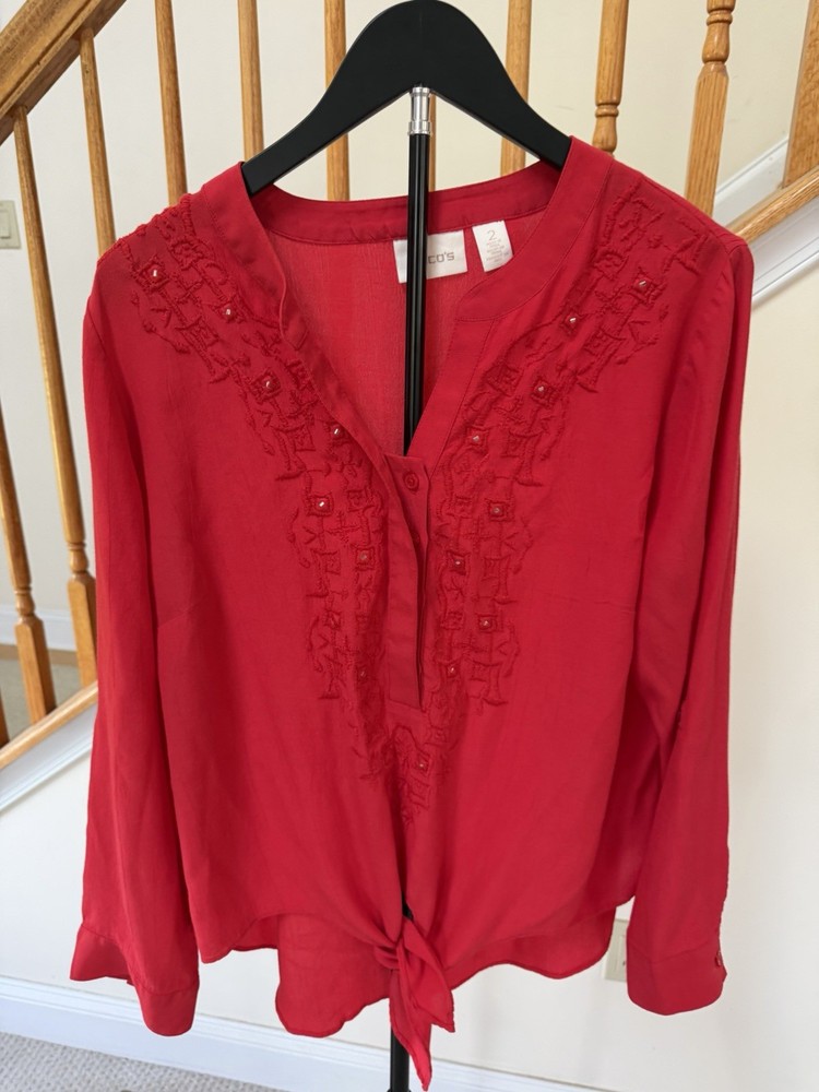 Chico's Women 2 Red Embroidered Woven Rayon V-Neck Long Sleeve Tie Blouse
