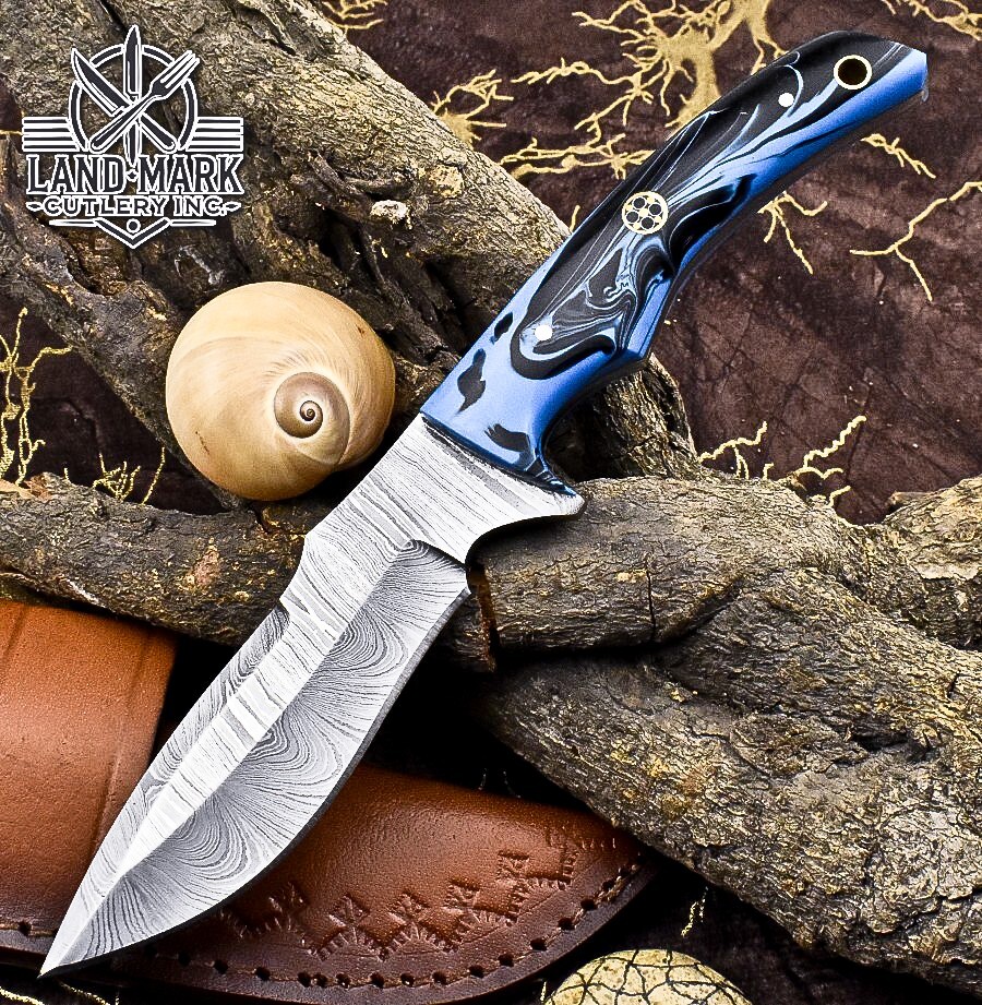 Handmade Damascus steel hunting knife with stunning blue resin handle
