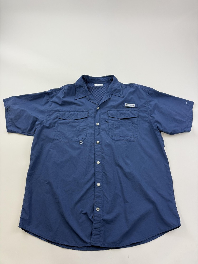 Columbia PFG Shirt Mens Large Blue Short Sleeve Button Front Vented Fishing