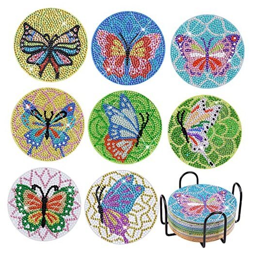 8 PCS Diamond Art Coasters with Holder,Diamonds Painting Butterfly Coaster