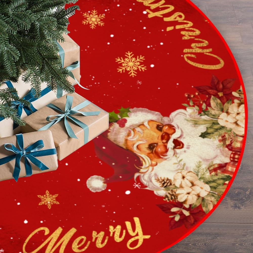 Christmas Tree Skirt Red and Gold Decorations 48 inches, Santa
