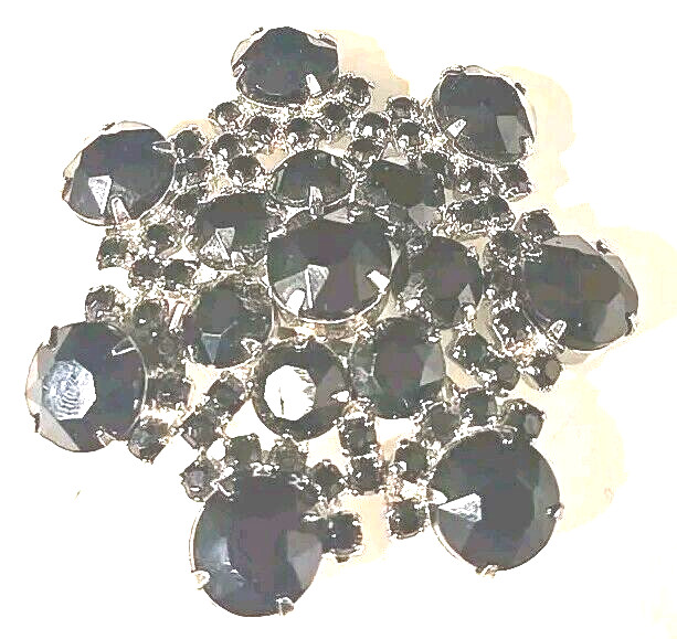 Vintage Black Faceted Rhinestone Snowflake Floral Mourning Brooch 2.5 In Rodium