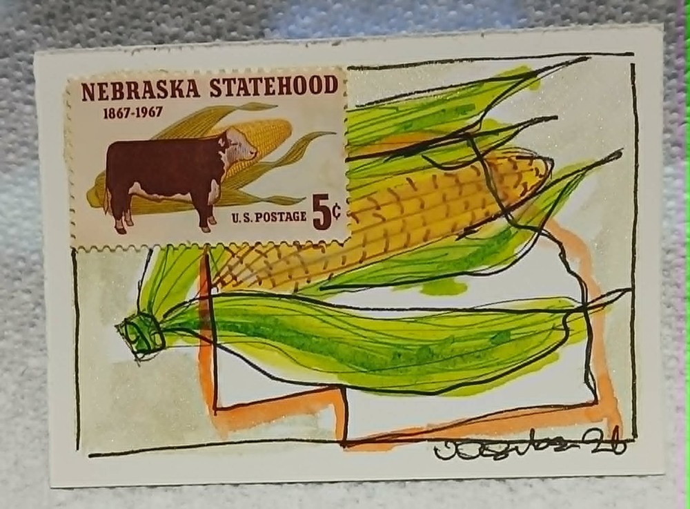 Postal Whimsy OOAK Nebraska Statehood 5¢ Stamp ACEO Corn Art by Virginia