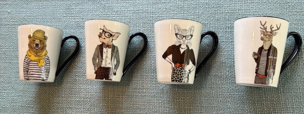 4 Signature Housewares Hipster Animal Tall Mugs Bear Pig Deer Cat Coffee Cups