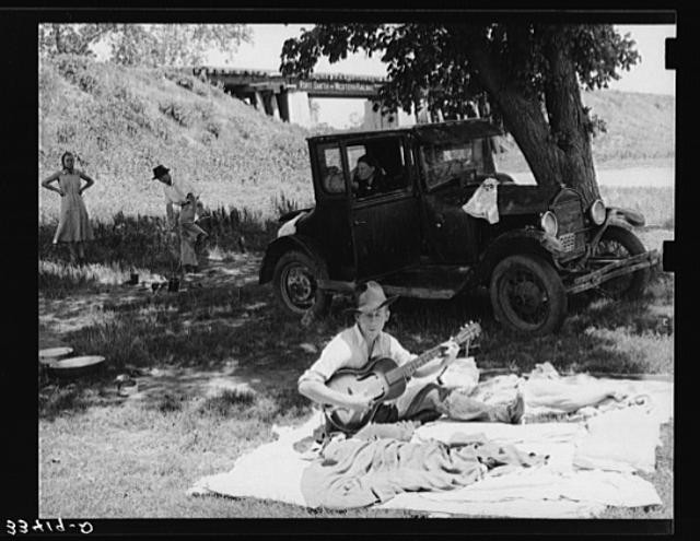 Photo:Prague Oklahoma 1930s FSA Farm Family Picnic Under Tree Truck Guitar