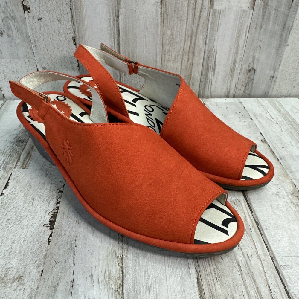 Fly London Palp Women's Shoes Orange Leather Wedge Slingback Sandal EU 38 / US 7
