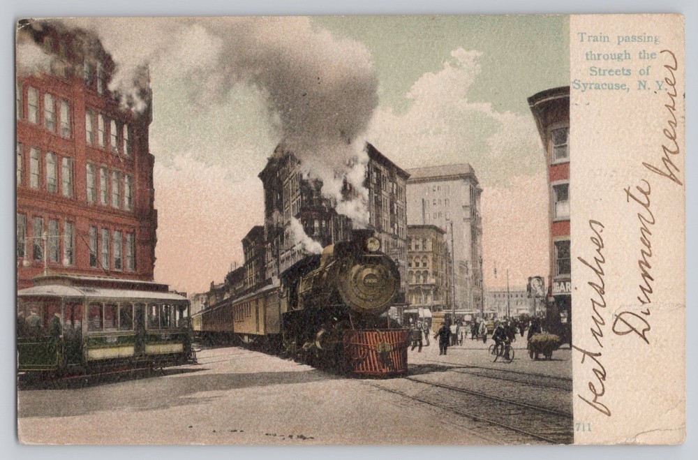 Train Passing Through Syracuse NY New York Street 1907 Antique Postcard - Tear