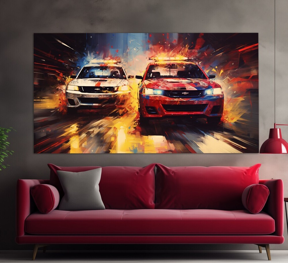 Retro Police Cars Oil Painting Vintage Unframed Canvas Print Australian Wall Art