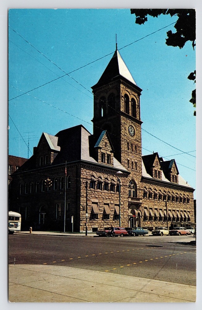 c1950s City Hall Building Downtown Street View Cars Lancaster Ohio OH Postcard