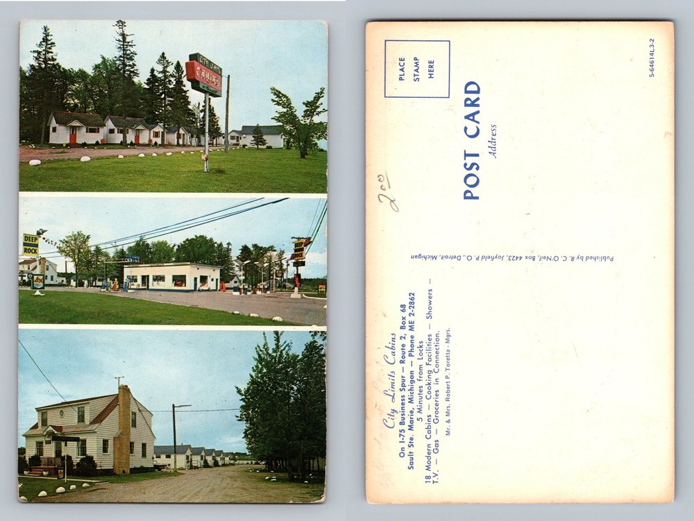 St. Ignace, MI-Michigan, City Limits Cabins and Gas View Vintage Postcard