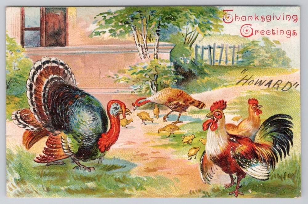 Vintage Thanksgiving Greetings Postcard Turkey Rooster Chicks Farm Scene