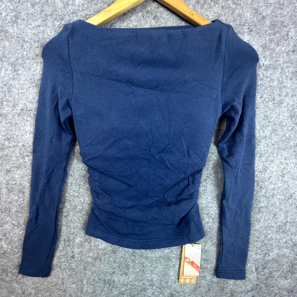 OGL Move Eco Mousse ProWarm Modern Brami Top Womens XS Blue Side Ruched Boatneck