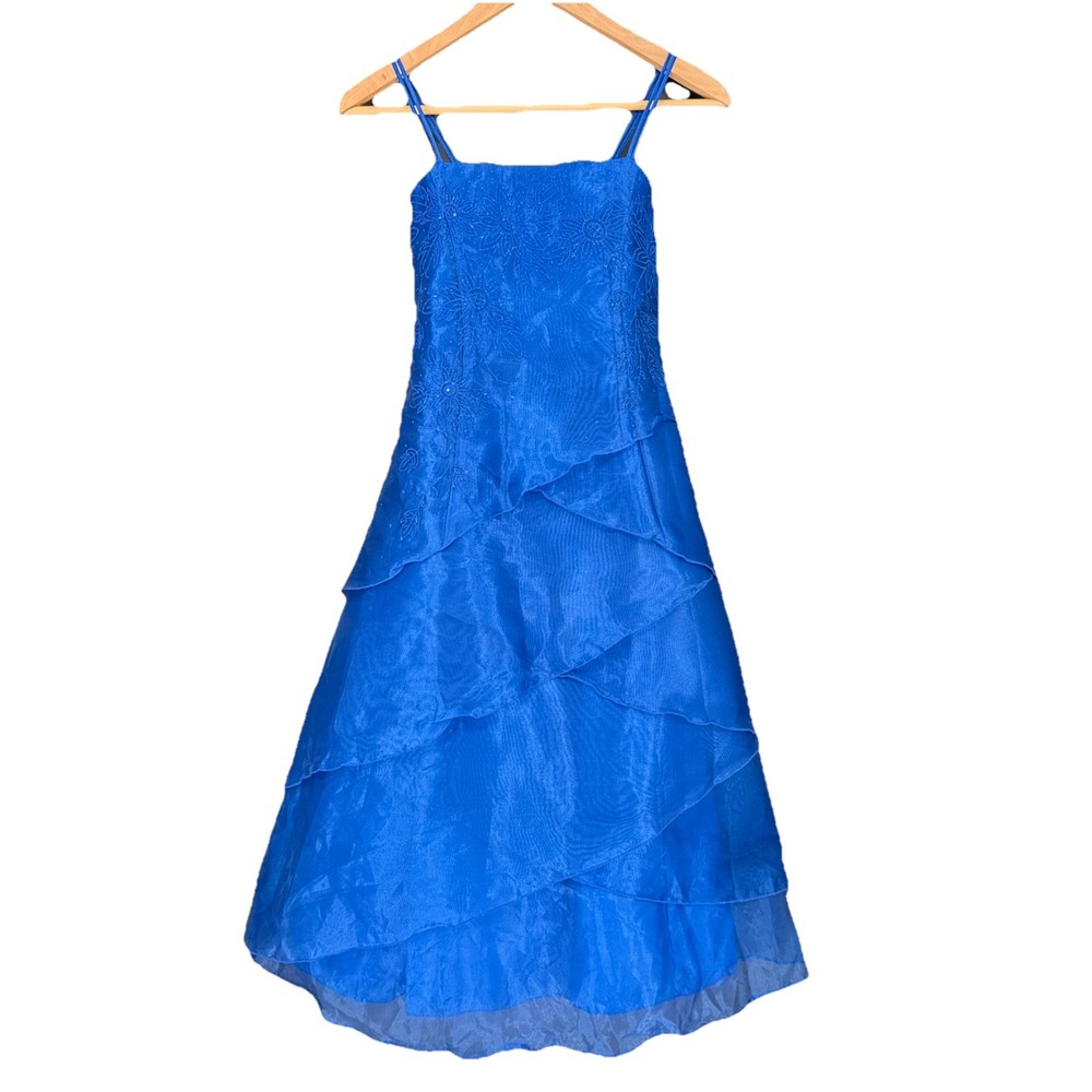 Vintage Y2K Blue Beaded Floral Organza Girls Maxi Tea Length Dress Youth 12