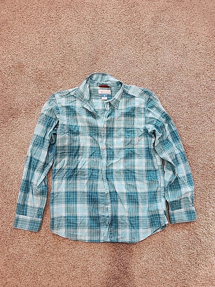 Columbia Womens Medium Teal Plaid Long Sleeve Flannel Button Up 100% Cotton