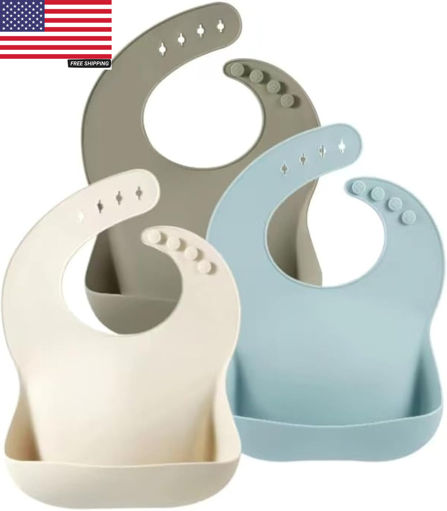 Set of 3 Silicone Baby Bibs Waterproof, Soft, Unisex, 10-72 Months